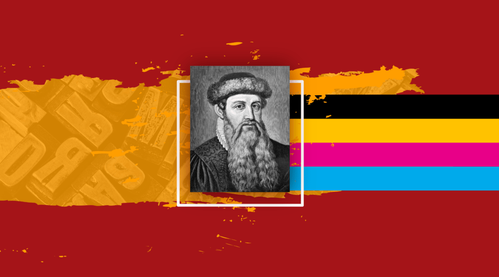 Imagem com fundo vermelho LabelColor com Johannes Gutenberg ao centro e 4 cores da cromia saindo para a direira (preto, amarelo, magenta e ciano)