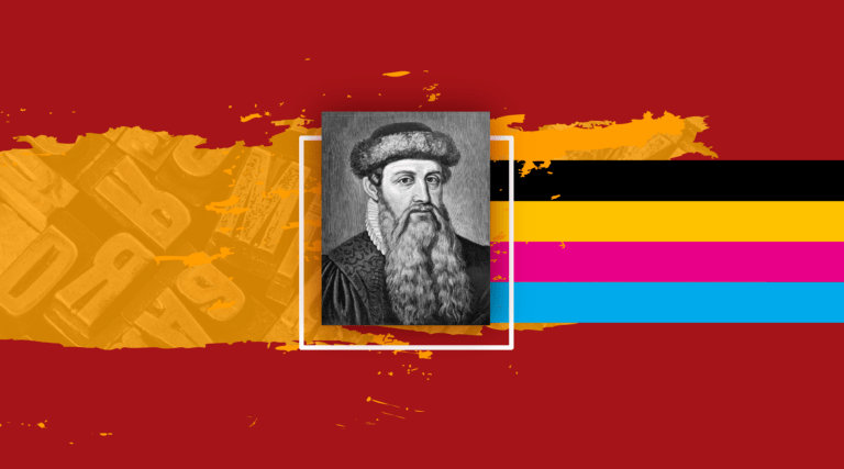 Imagem com fundo vermelho LabelColor com Johannes Gutenberg ao centro e 4 cores da cromia saindo para a direira (preto, amarelo, magenta e ciano)