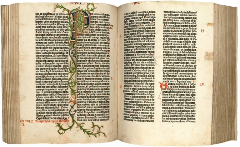 Na imagem mostra a bíblia de Gutenberg, primeiro livro produzido por sua invenção, a prensa gráfica com tipos móveis