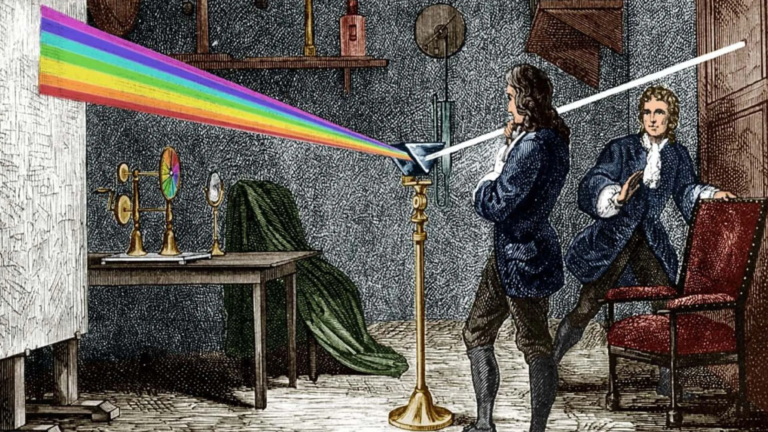 Ilustração histórica representando a decomposição da luz branca em cores do espectro visível através de um prisma, realizada por Isaac Newton. O experimento demonstra como a luz é separada em suas cores componentes, criando um arco-íris que ilustra a base científica da percepção de cores em rótulos e etiquetas.