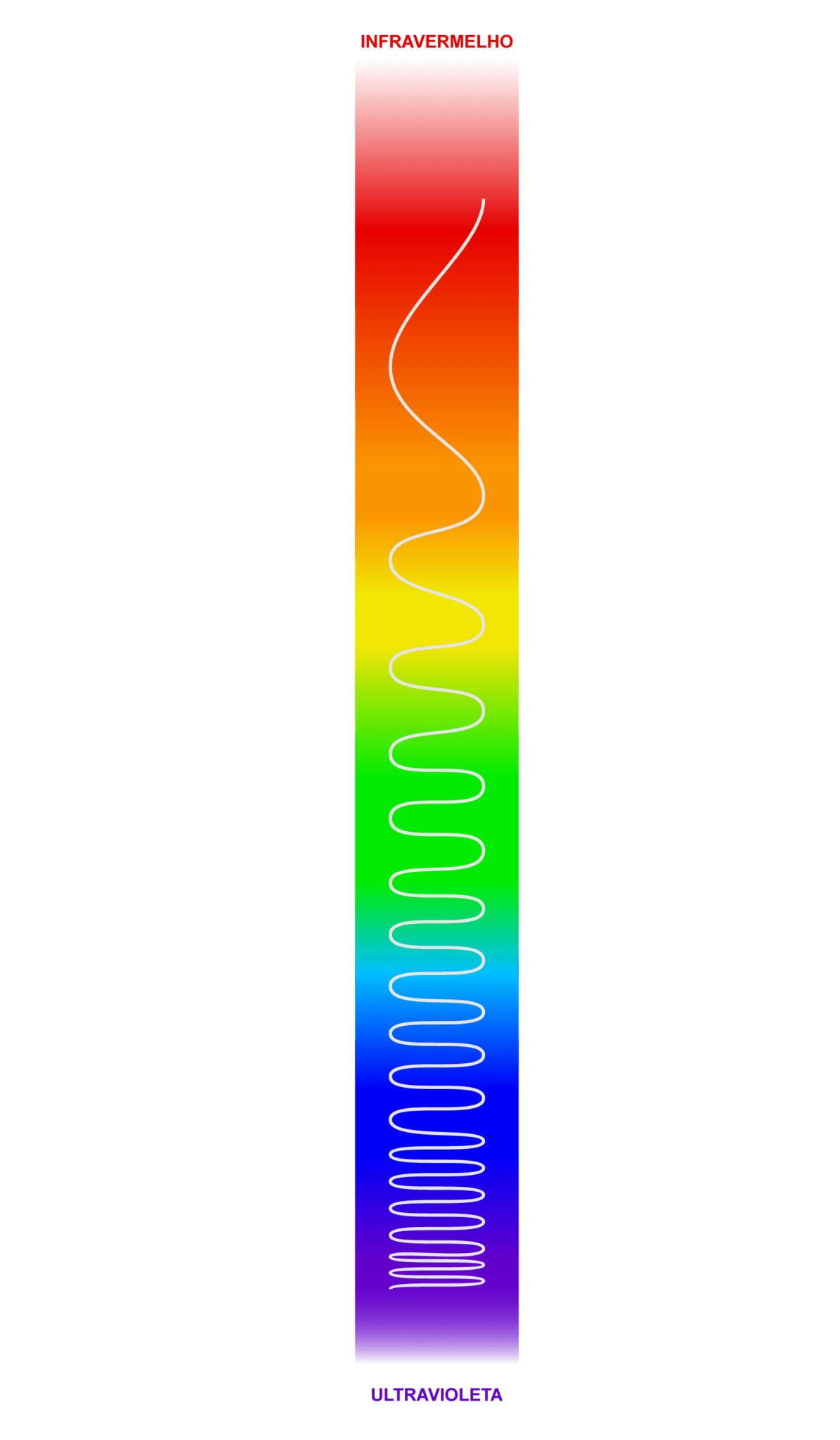 Ilustração do espectro visível, representando as faixas de comprimento de onda da luz visível em nanômetros (nm). O gradiente de cores vai do vermelho no topo (700 nm, próximo ao infravermelho) ao violeta na parte inferior (400 nm, próximo ao ultravioleta). Linhas onduladas destacam a variação da frequência ao longo do espectro.